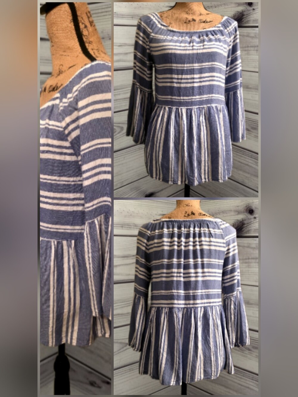 Striped Navy and White Peplum Bell Sleeve Top